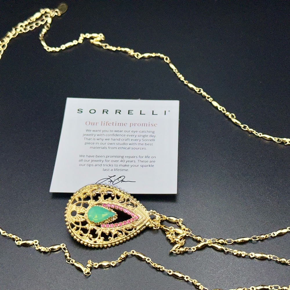 Sorrelli Gold Necklace with Green and Pink Pendant